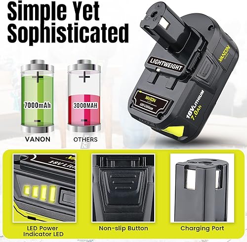 Miniatura 3 de VANON 7.0Ah P108 18 V Reemplazo para batería ryobi 18v paquete de 2 baterías de iones de litio de alta capacidad compatibles con P108 P102 P103 P104