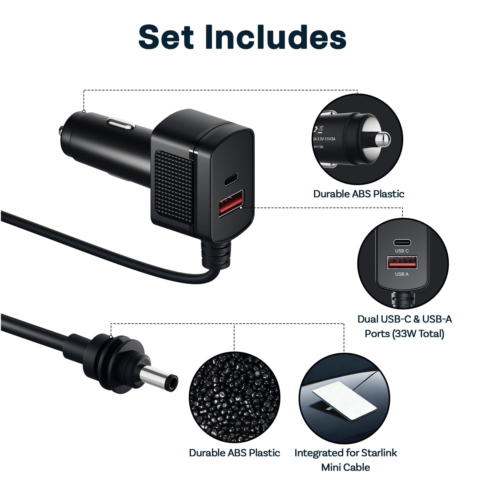 Adattatore Auto per Starlink Mini di MMOBIEL – Caricatore USB da Accendisigari 12V–24V DC – Cavo Resistente da 3M (60W), Doppie Porte USB-C e A (33W), Display LCD della Tensione – Auto, Camion, Camper