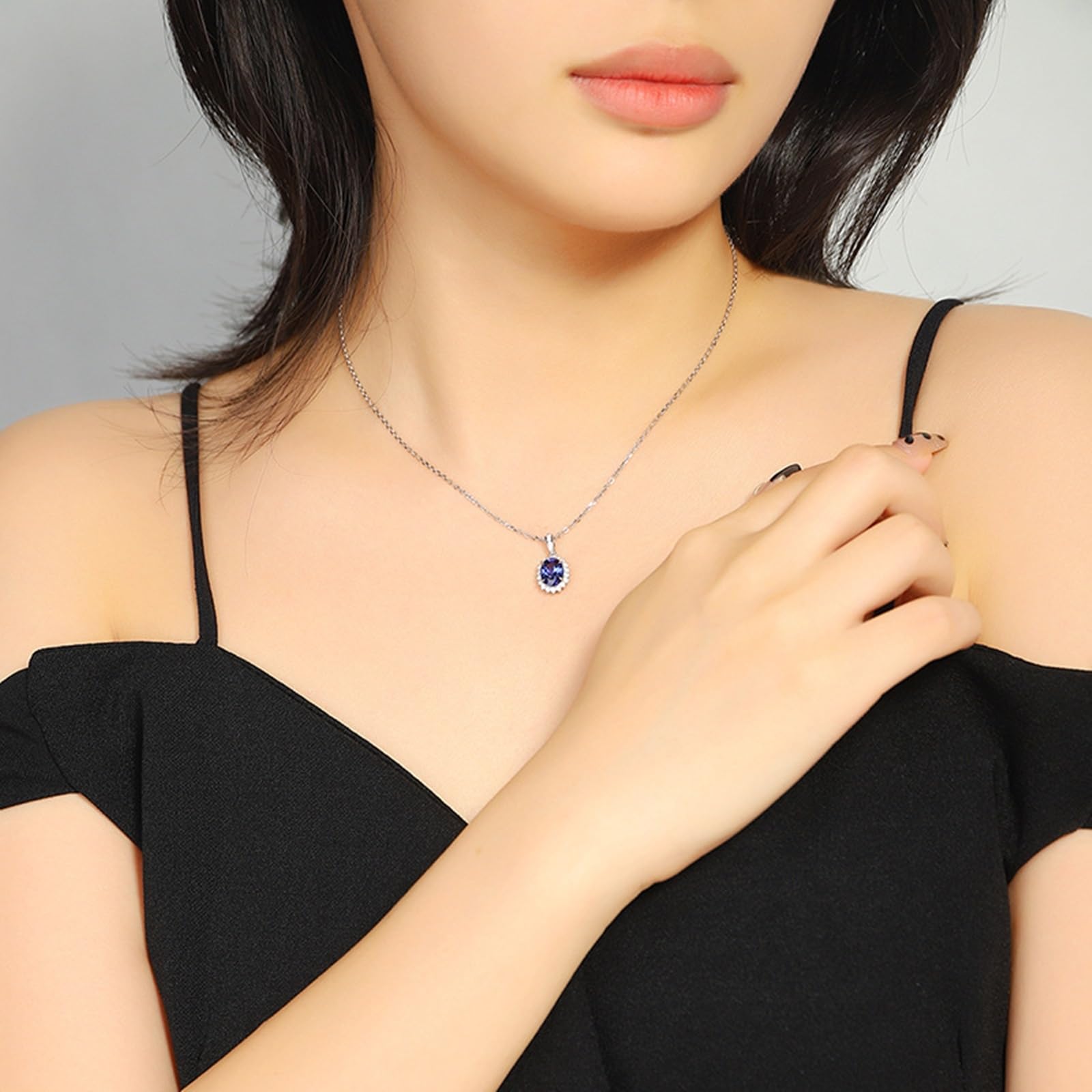 KnBoB Collar para mujer de plata 925 flores azul ovalado laboratorio creado zafiro piedras preciosas colgante joyas longitud 40+5 cm