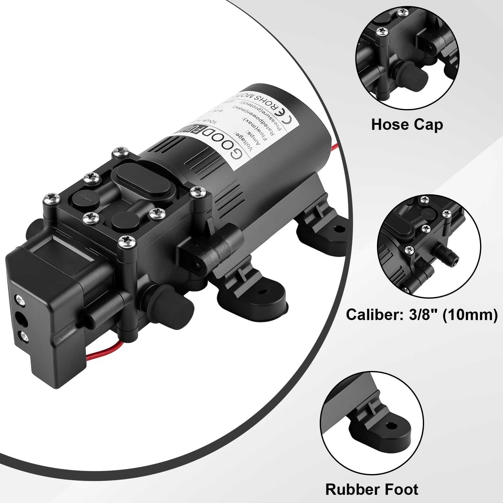 12V DC Membranpumpe, 6A Einstellbare Selbstansaugende Sprühpumpe mit Druckschalter 6L/Min 0.9MPA 80PSI, Wassertransferpumpe Geeignet für RV Camping Dusche Garten
