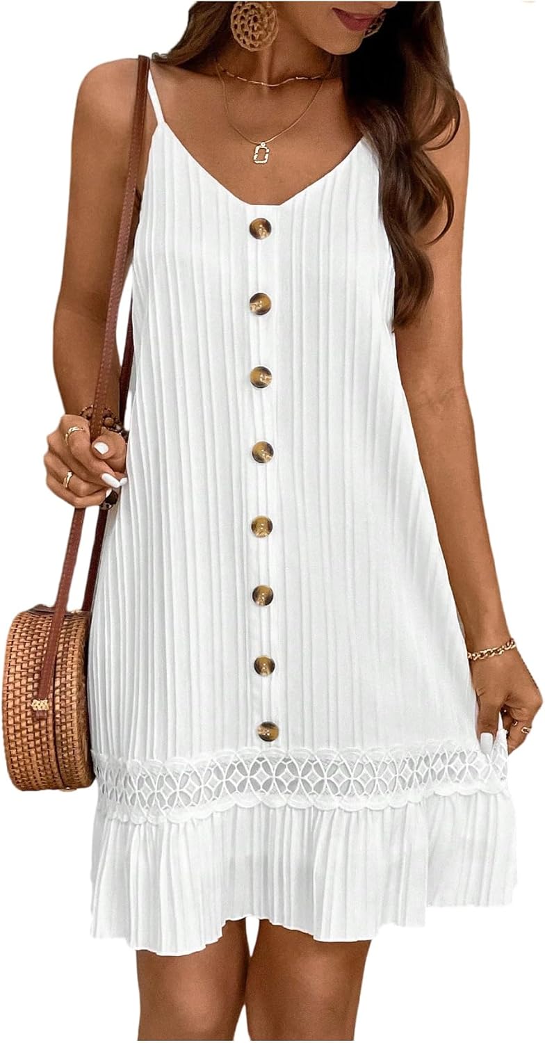 SHENHE Women's Sleeveless Mini Dress V Neck Lace Boho Ruffle Beach Outfits Sundress