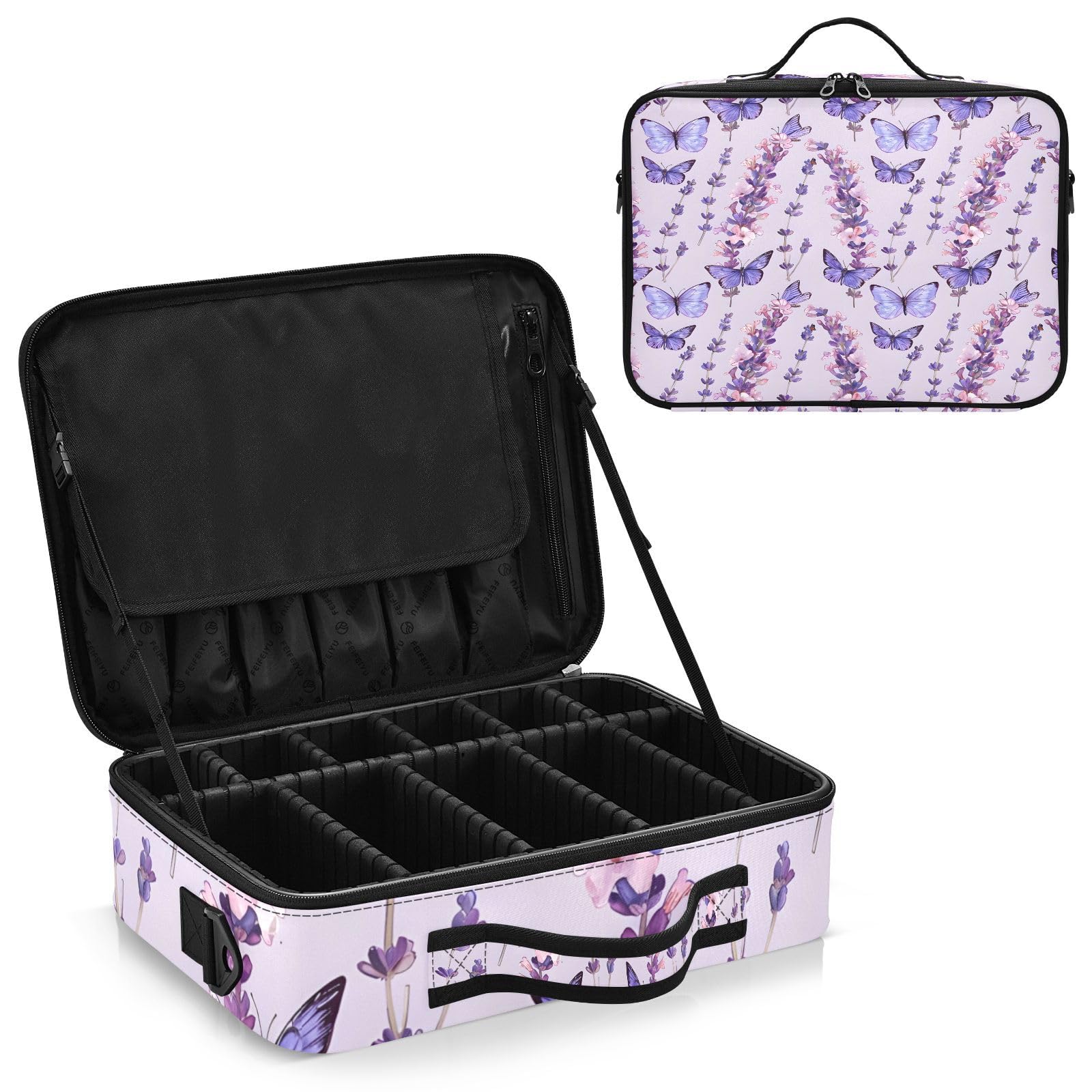zyrtty Travel Makeup Train Case Purple Butterfly Lavender Pattern Cosmetic Organizer Portable Storage Bag with Adjustable Dividers for Cosmetics Brushes Toiletry Jewelry Digital Accessories