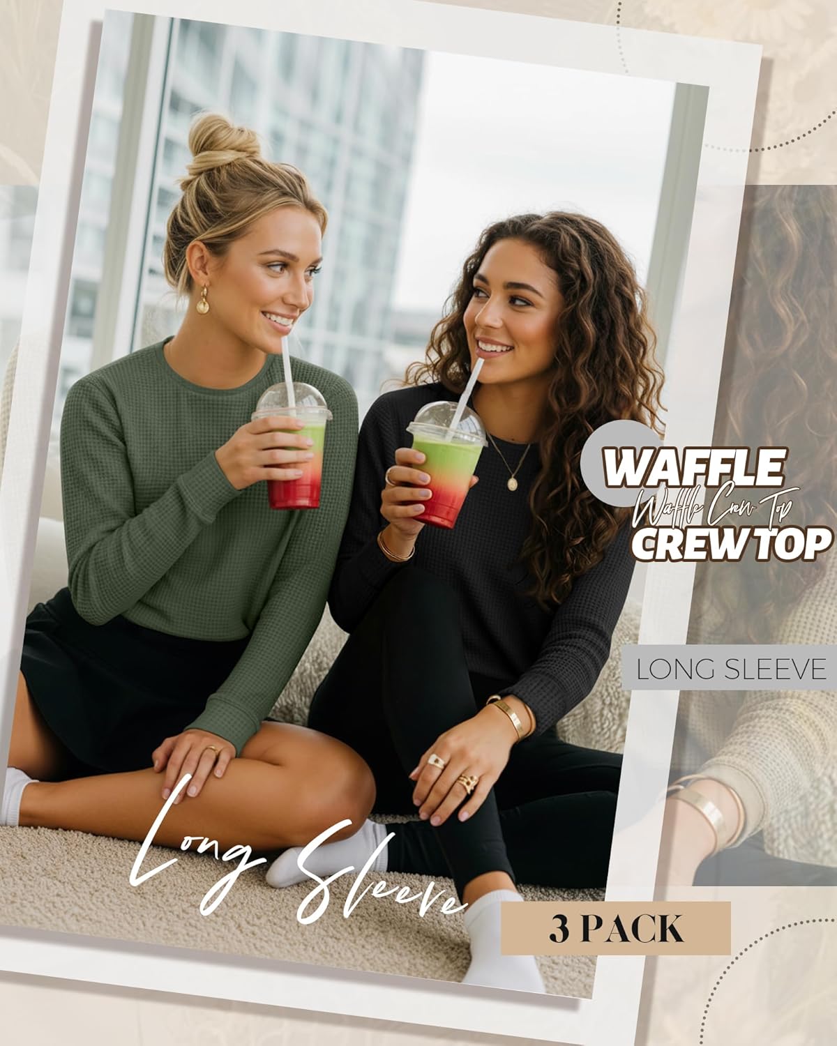 3 Pack Women's Waffle Knit Long Sleeve Shirts, Crew Neck Slim Fit Thermal Tops Casual Stretch Basic Pullover - Image 4