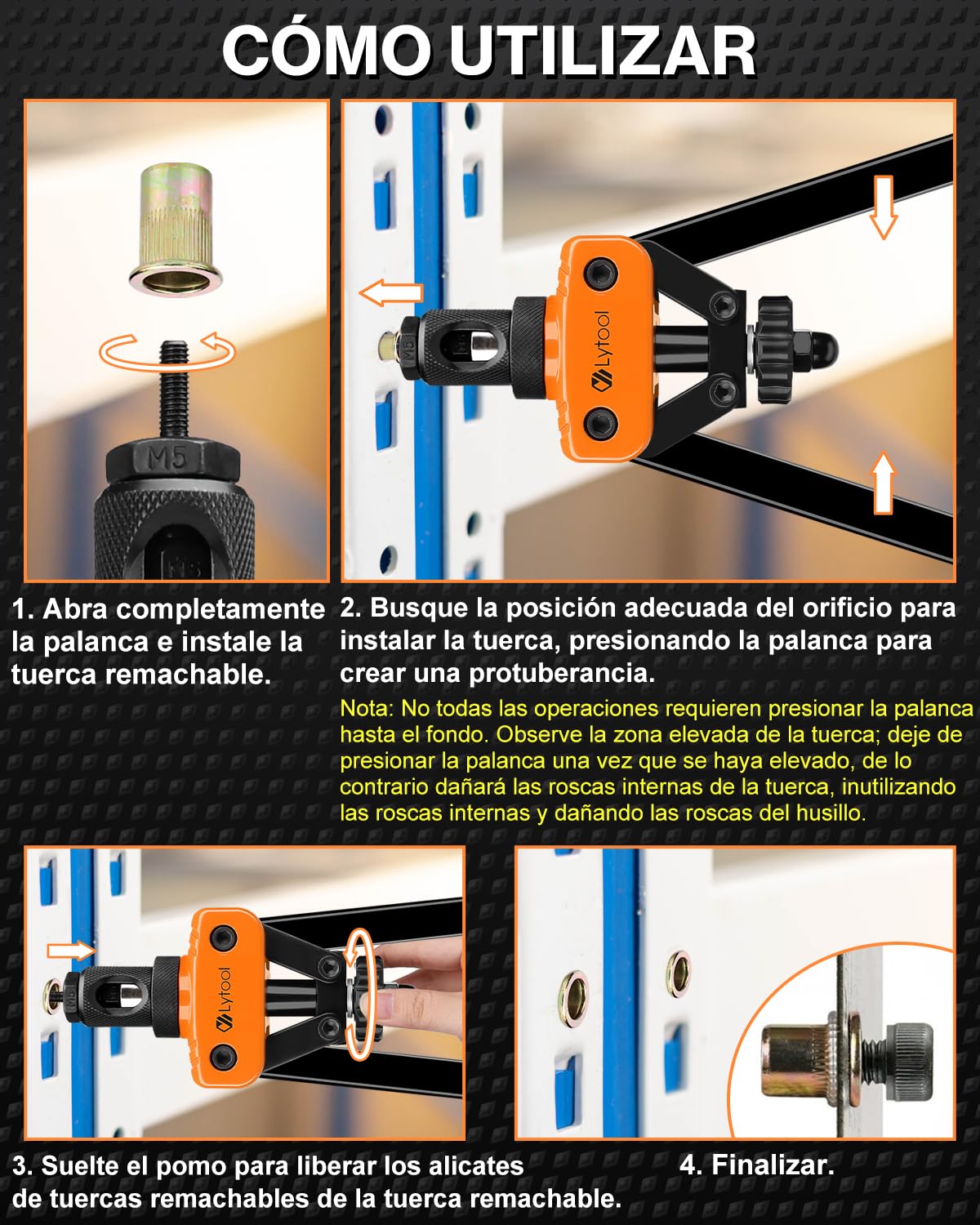 Remachadora de Tuercas, Lytool 14" Pistola Remachadora Profesional Remachadora Manual Con 205pcs Tuercas de Remache, y 6 Mandriles Intercambiables M3 M4 M5 M6 M8 M10