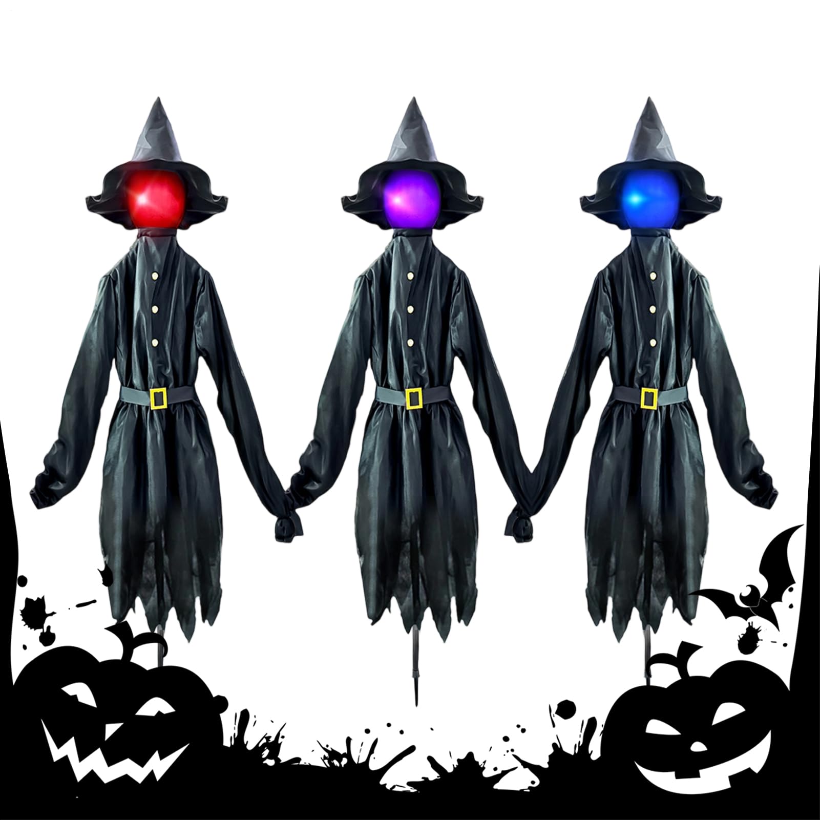 Dekoracje na zewnątrz na Halloween, zestaw 3 LED, czarne czarownice z kapeluszami, słupki, 140 cm, dekoracyjny palik z świecącą twarzą, świąteczny horror rekwizyt do ogrodu, trawnika, werandy