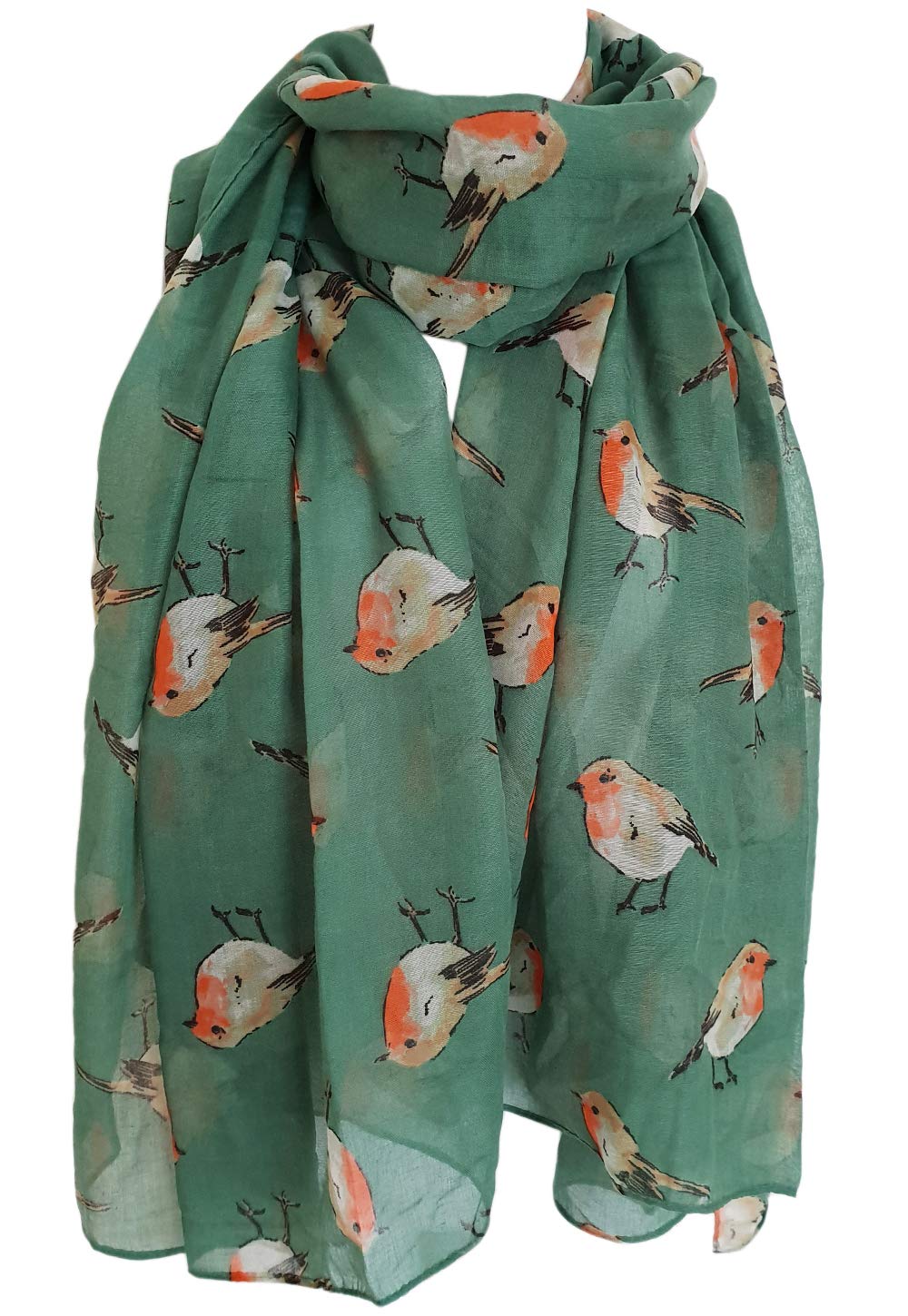 Glamlondon Women's Green Watercolour Robin Bird Printed Christmas Scarf (Green)(Size: L)
