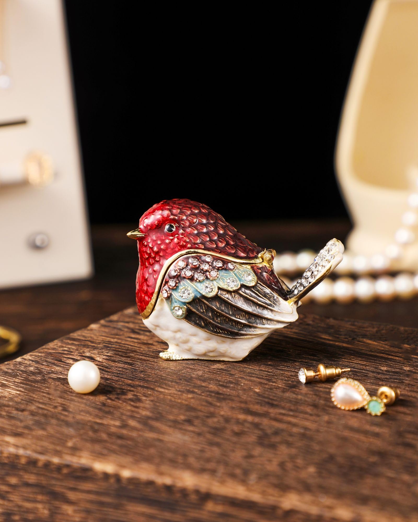 NIODAY Hand Painted Trinket Box Enamel Vintage Jewelry Box Hinged Metal Jewelry Organizer Decorative Treasure Box Unique Gifts Robin Bird