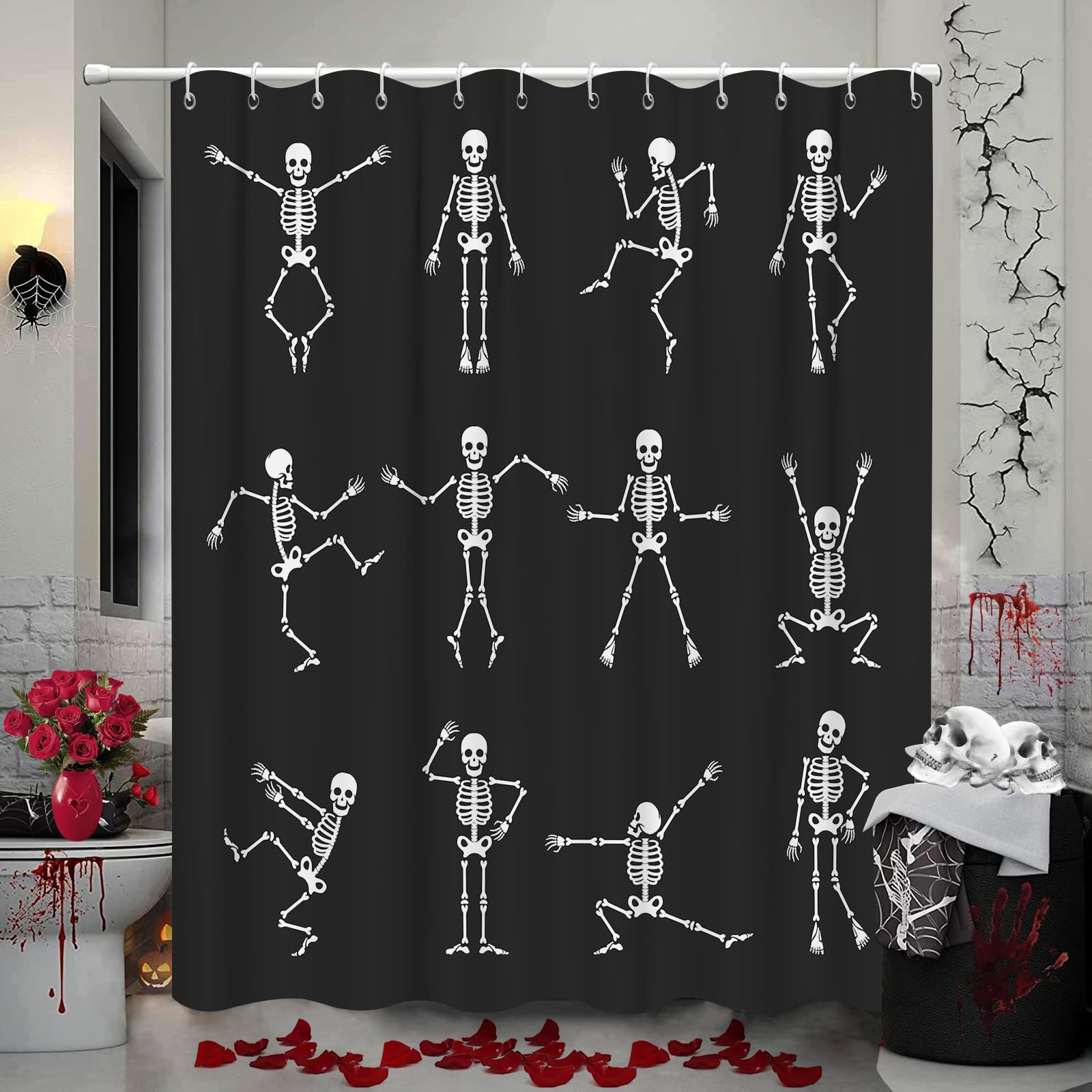 GETTOGET Duschvorhang Mit Totenkopf-Skelett-Motiv - Lustiger Tanz, Halloween, Party, Mit 12 Haken