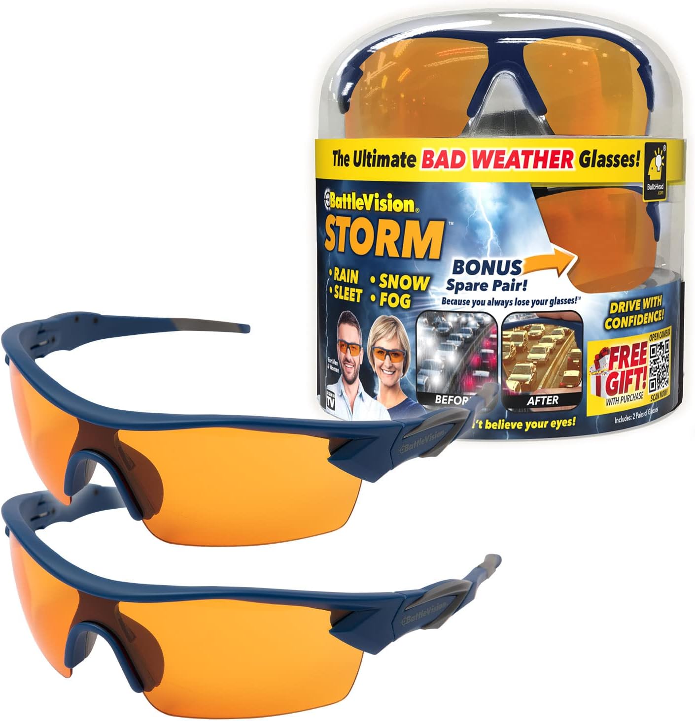 BattleVision Storm Glare-Reduction Glass by BulbHead,All Weather Conditions Day/Night,Optimize Light&Block Blue Rays,2 Pairs