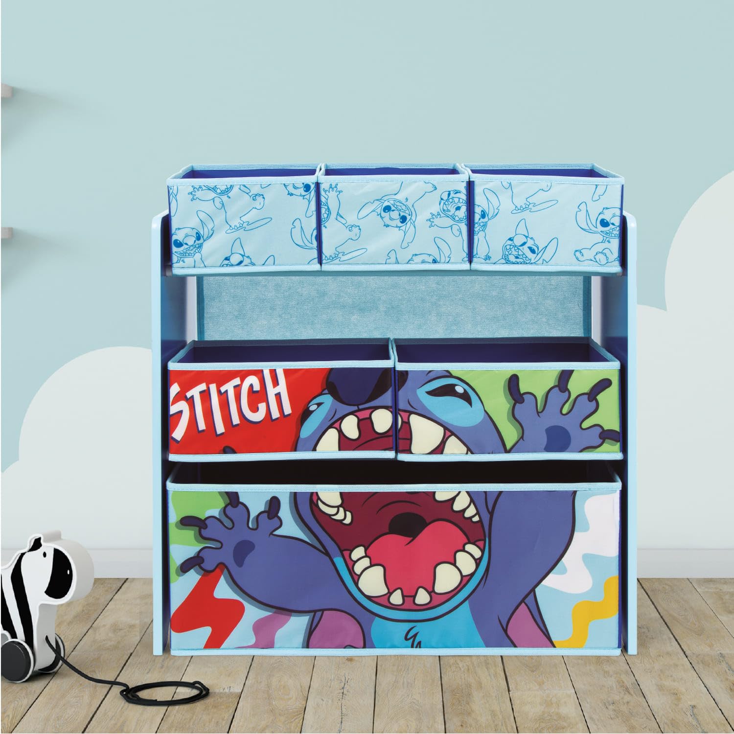 ARDITEX – Organizer aus Holz mit 6 Textilboxen mit Stitch-Motiv von Disney – 62x30x60 cm – Farbe Blau – Perfekt zum Aufbewahren von Spielzeug im Kinderzimmer