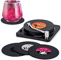 Vista 10 de Valdivia Portavasos de Discos de Vinilo para Bebidas con Reproductor de Discos, Juego de 6 Portavasos Retro de Álbum, Decoración Divertida del Hogar