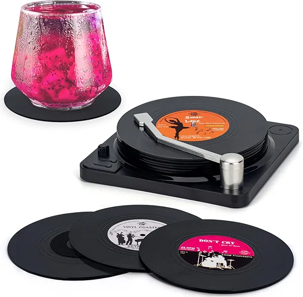Valdivia Funny Retro Vinyl Record Coasters with Player, 6 Pcs Music Coasters for Drinks, Bars, Party, Birthday Gifts for Music Lovers, Home Decor Housewarming and White Elephant Gifts Ideas