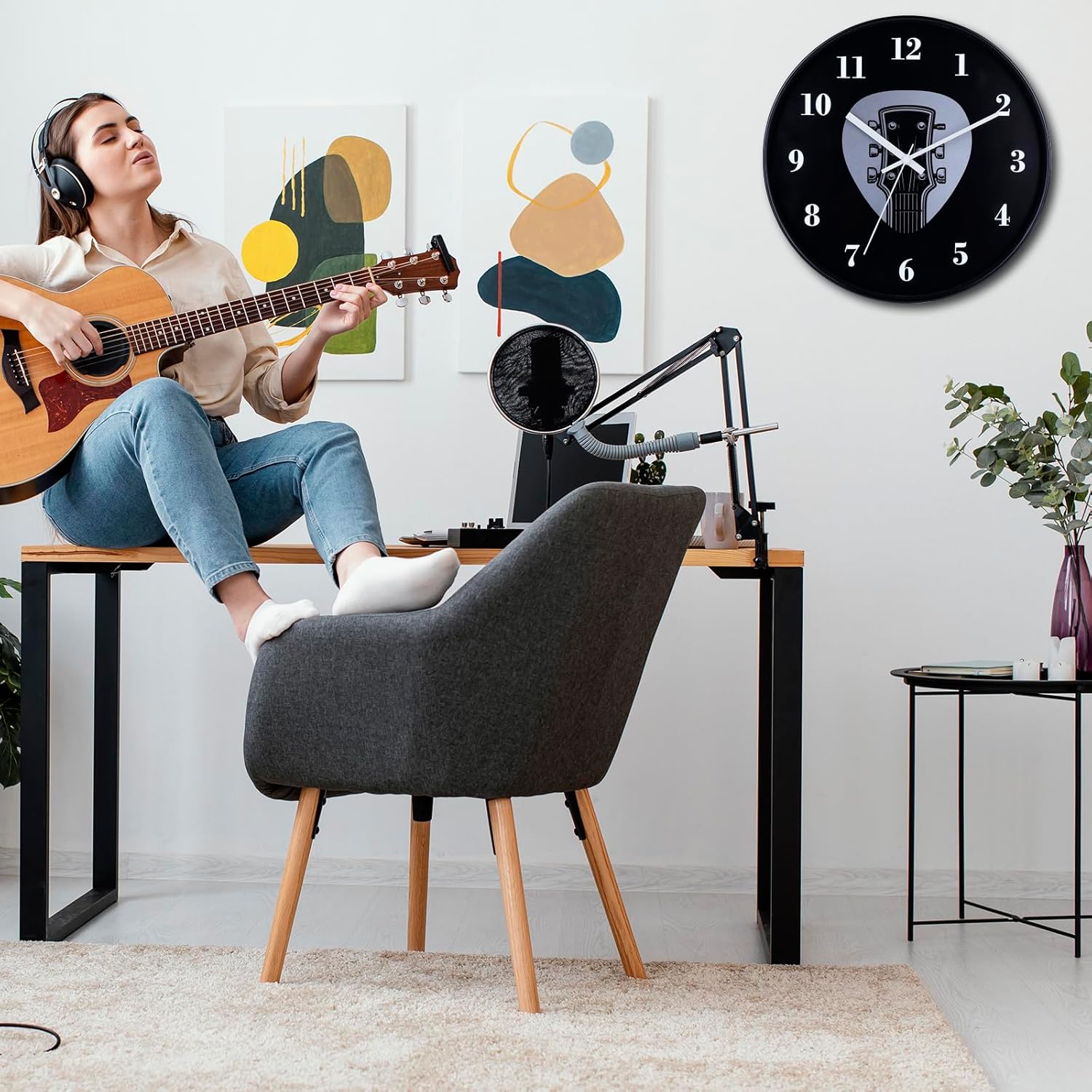12 Inch Guitar Wall Clock - Silent Non-Ticking, Battery Operated, Unique Guitar Pick & Head Design - Christmas/Birthday Gift for Guitarists, Band Members, Music Enthusiasts