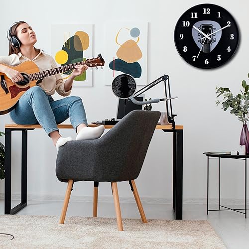 Miniatura 6 de Reloj de pared de guitarra de 12 pulgadas con cabeza de guitarra y esfera de reloj de púa de guitarra y movimiento silencioso a pilas, gran