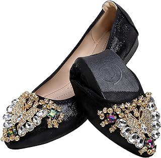 Women's Ballet Flat Shoes - Cute Rhinestones Bow Wedding Flats Slip on Flats for Women Comfort