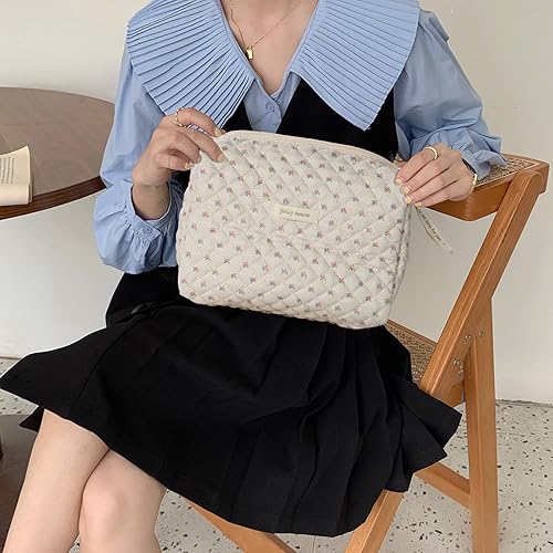 Miniatura 6 de Sightor Bolsa de maquillaje de algodón, bolsa de cosméticos floral kawaii, bolsa de aseo de viaje grande, bolsa acolchada para cosméticos para