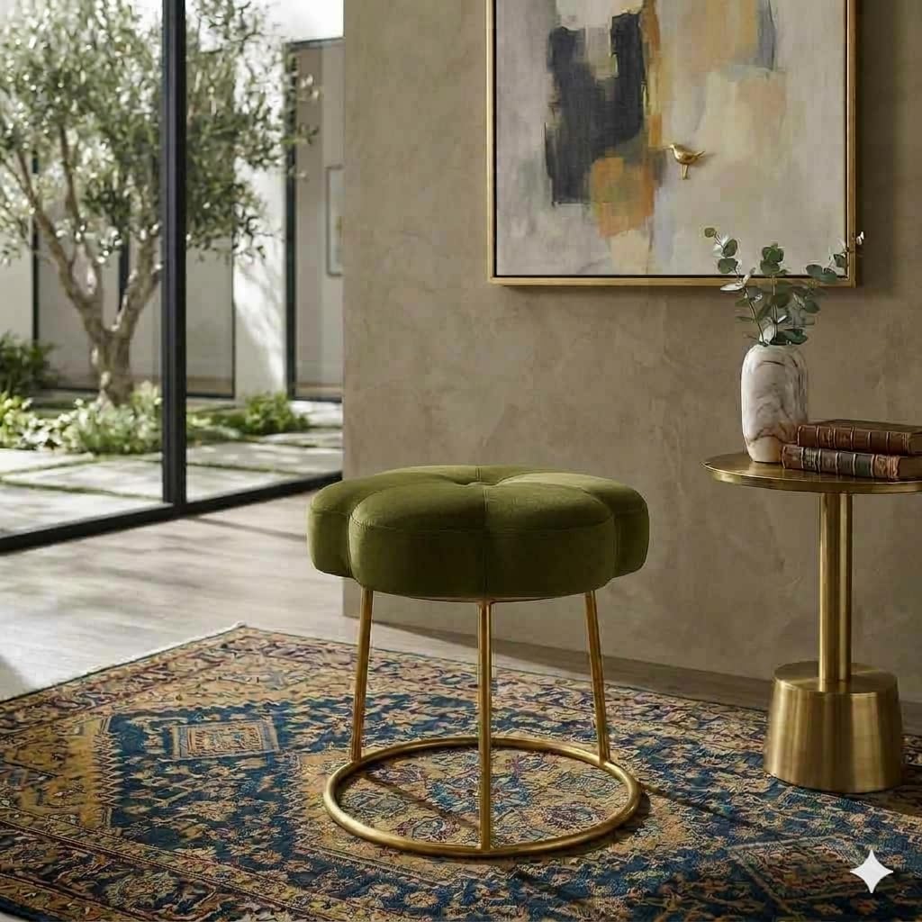 Flower Ottoman Foot Stool for Bedroom and Living Room, Round Makeup Vanity Chair with Metal Legs and Soft Padded Seat (Olive Green)-image-26