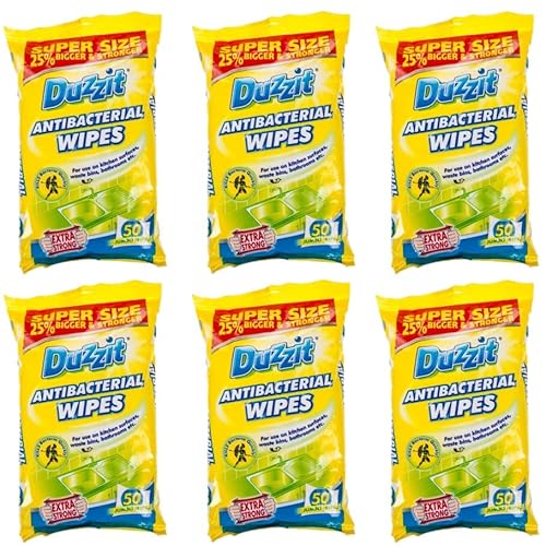 6 x 50 Pack Duzzit Anti Bacterial Wipes Safe For Kitchen Surfaces, Bins And Bathrooms