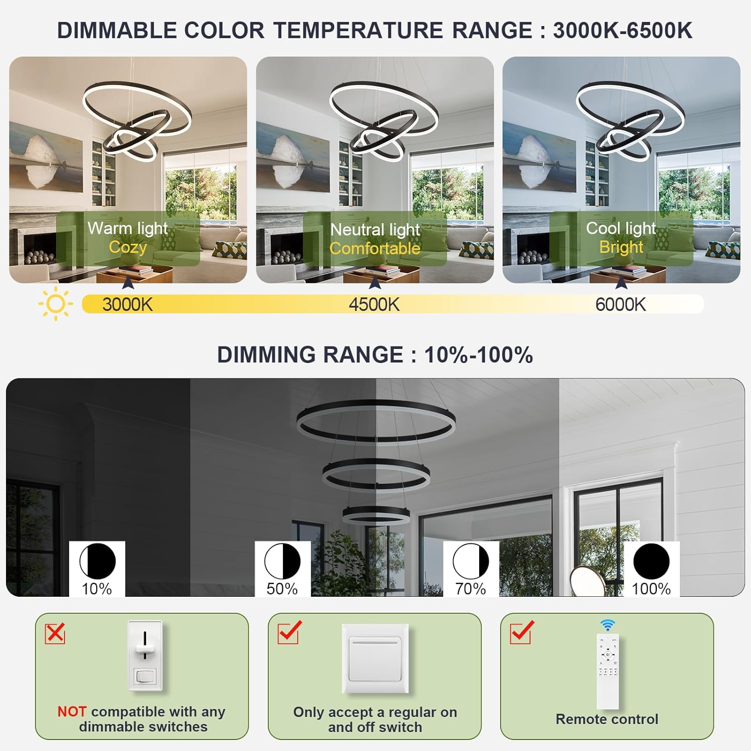 Benkut 3-Rings D23.6 Modern LED Chandelier Black Dimmable Pendant Lighting with Remote Control Circular Flush Mount High Ceiling Light for Dining Room Living Room Bedroom Entrance Foyer, 3000K-6500K