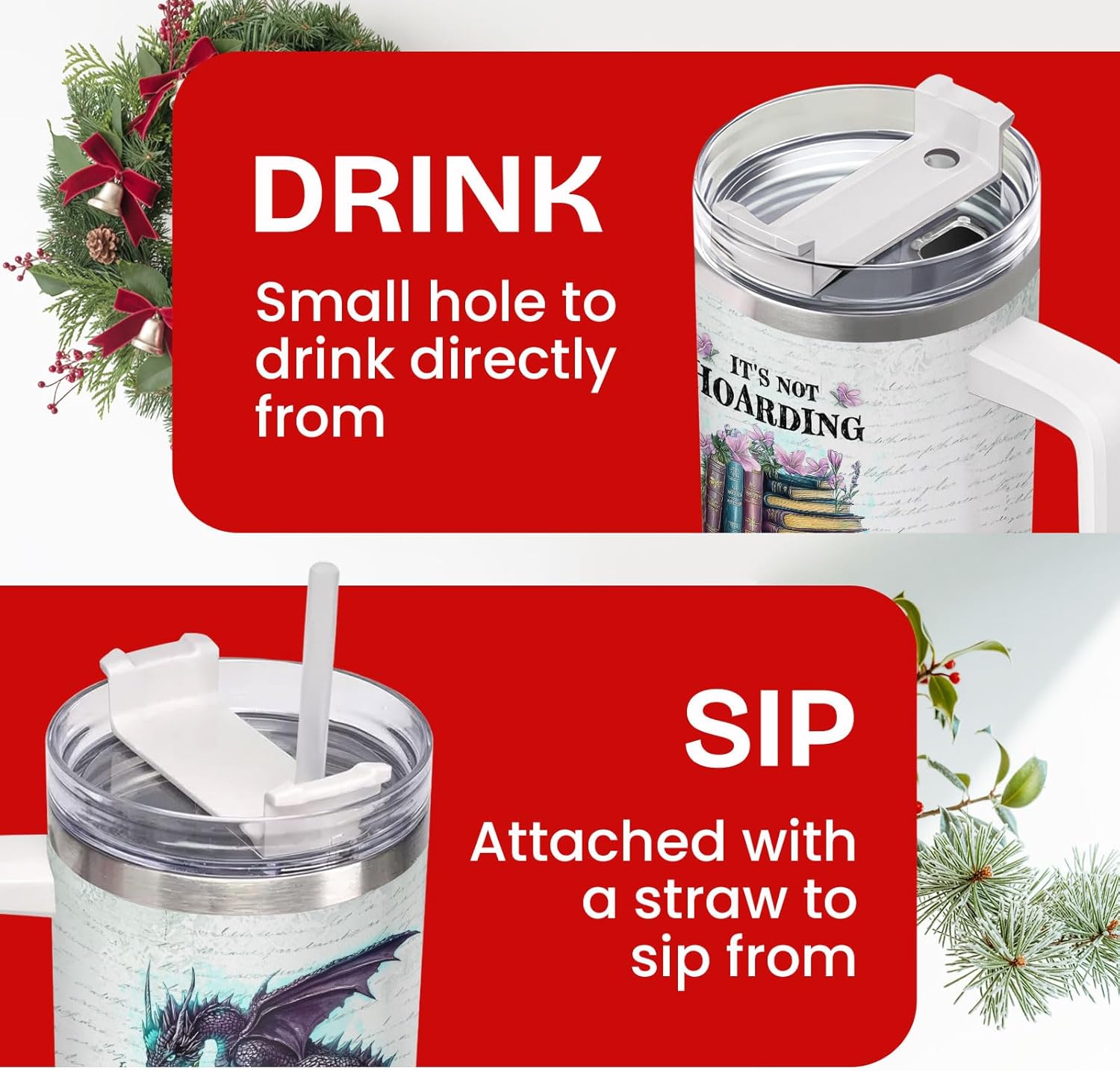 34HD Book Dragon Tumbler 40oz with Handle and Straw, It's Books Fantasy Dragons Design Stainless Steel Insulated Travel Mug, Bookish Items, Book Lover Gift for Readers & Him Her - Image 3