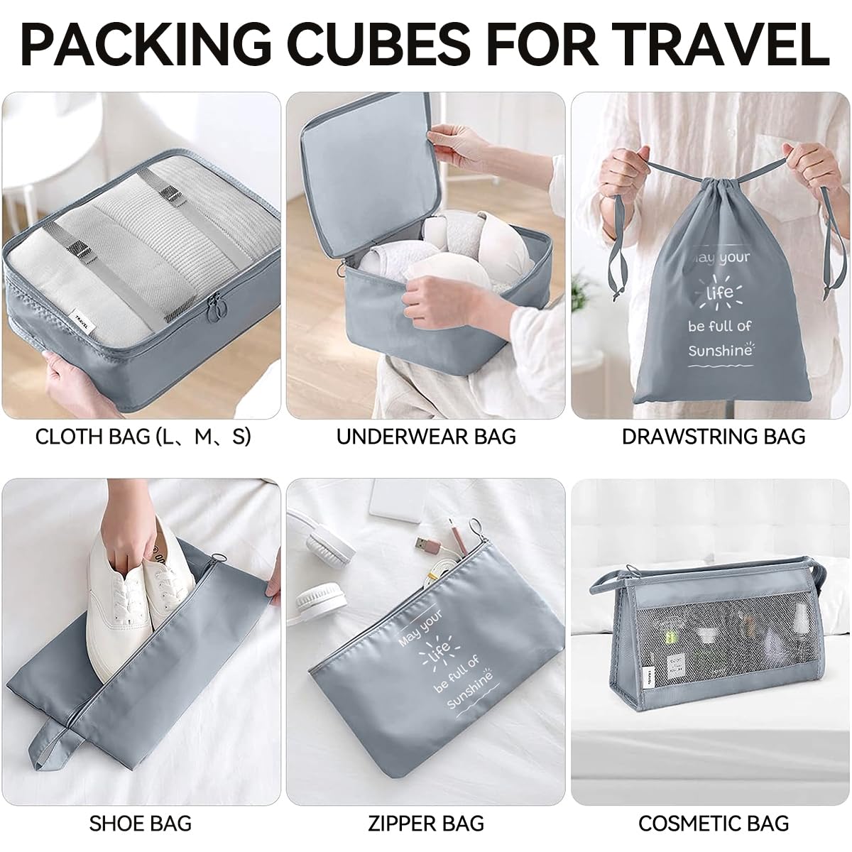 Shadcoler Organizer Valigia, 8 Pezzi Organizer Valigia Salvaspazio, Organizer Viaggio, Packing Cubes per Cosmetici, Abbigliamento Intimo, Vestiti, Borse, Scarpe, Viaggio Accessori Utili (Grigio)