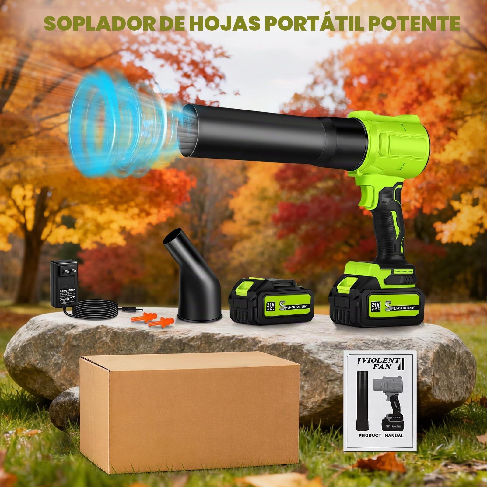 Soplador de Hojas, Soplador Turbo Jet, Soplador de Aire Potente con 2 Baterías 800000 RPM, Ideal para Jardín, Coche, Patio, Nieve y Camping, Verde