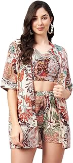 WineRed Cotton Woman Beige 3Pcs Coord Set With Shorts, Floral Price In India