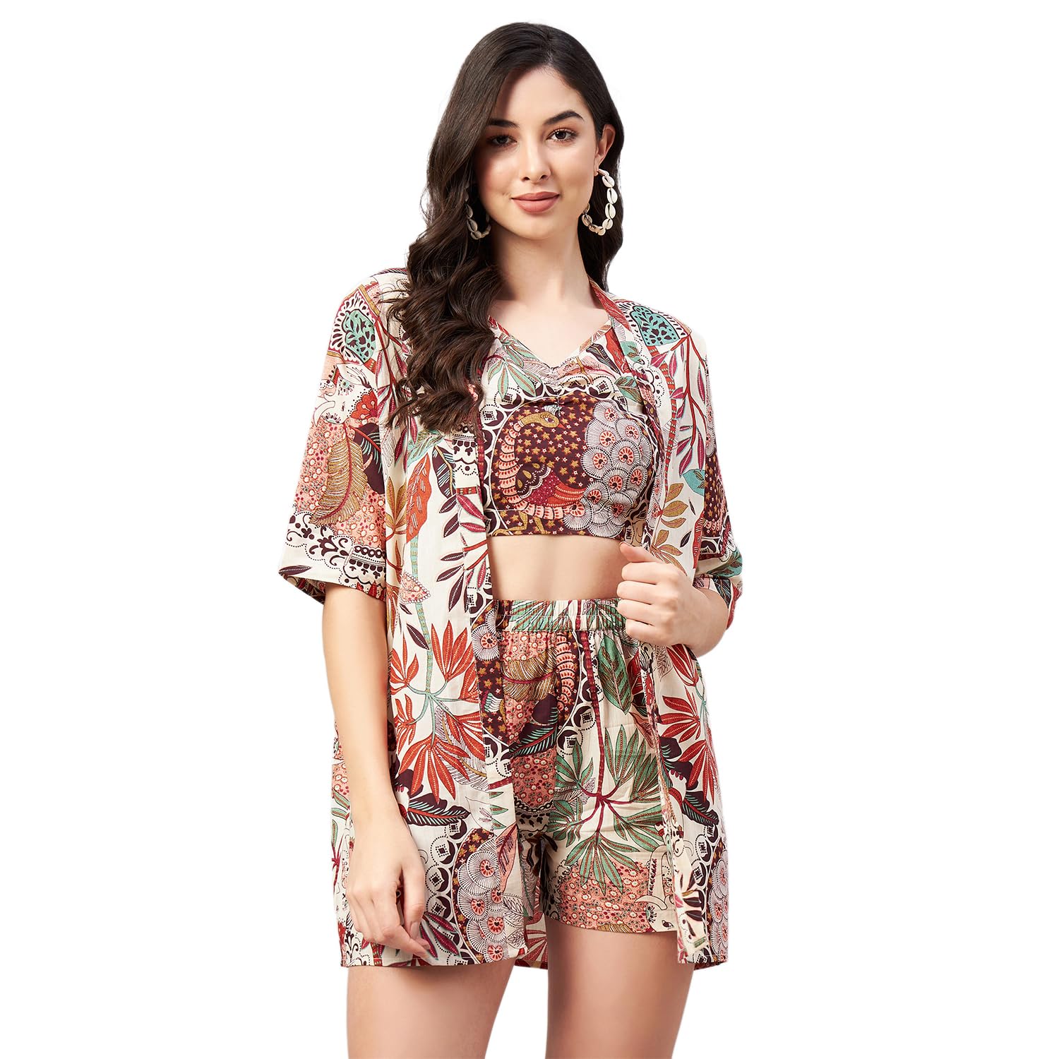 winered Cotton Woman Beige 3Pcs Coord Set With Shorts, Floral-picture-43