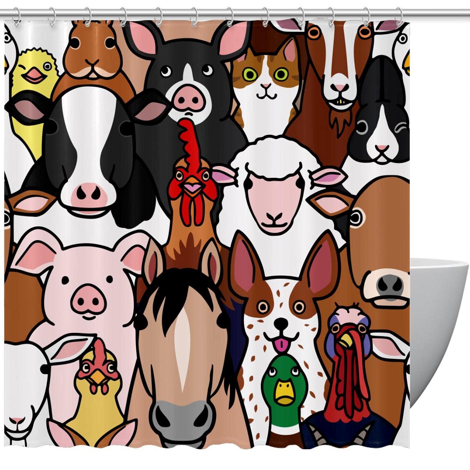Rideau de douche imperméable avec 12 crochets motif animaux de la ferme 183x183 cm