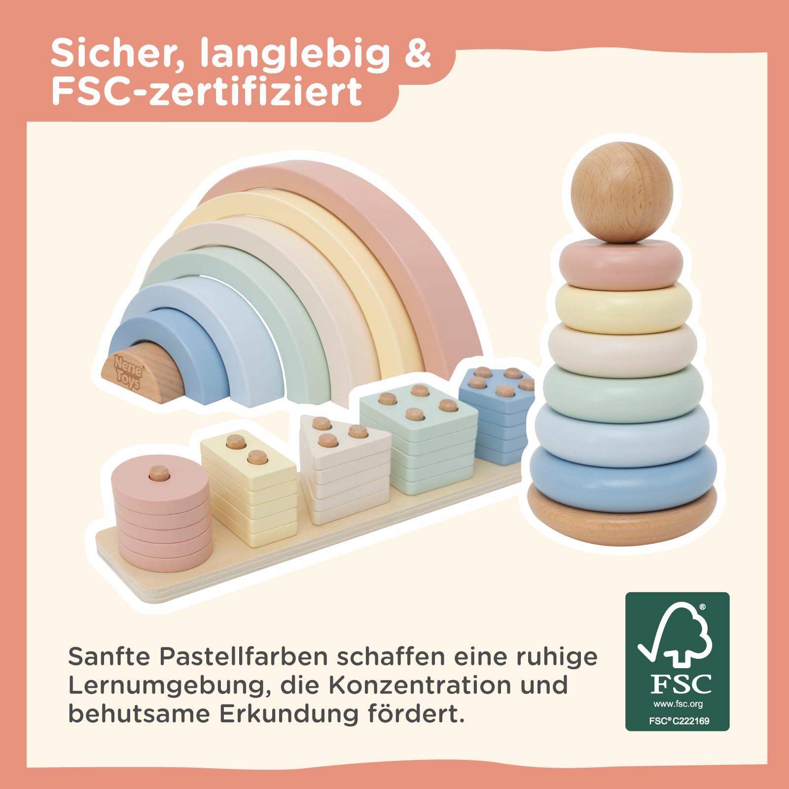 Nene Toys Montessori Holzspielzeug ab 1 Jahr – FSC 3-in-1 Regenbogen, Stapelturm & Sortier-Steckspiel – Motorikspielzeug Kleinkinder 1–3 Jahre – Lernspielzeug Geschenk Jungen Mädchen – Pastellfarben