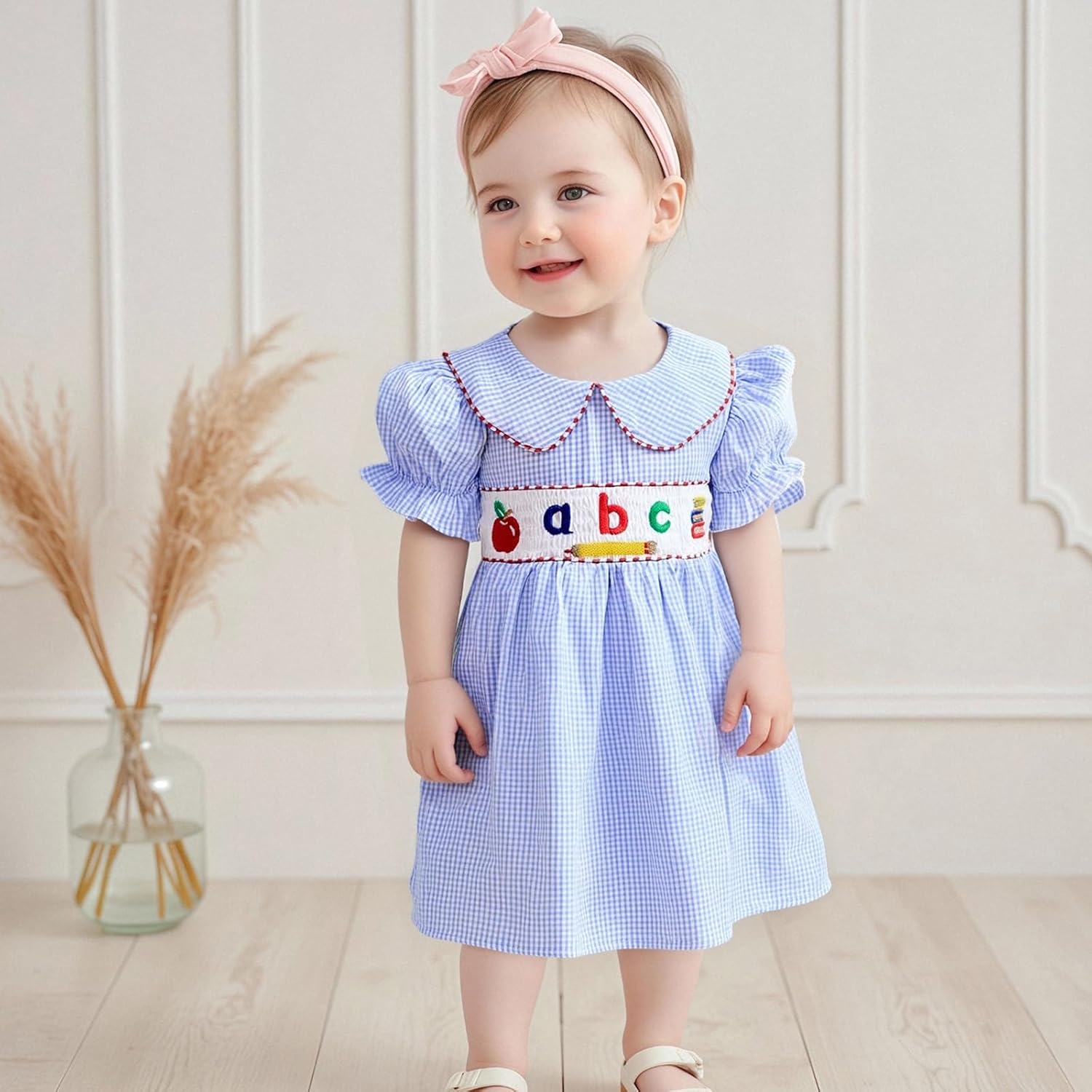 Toddler Baby Girl Back to School Outfit Puff Sleeve Smocked Plaid Dress First Day of School Kindergarten Clothes - Image 7