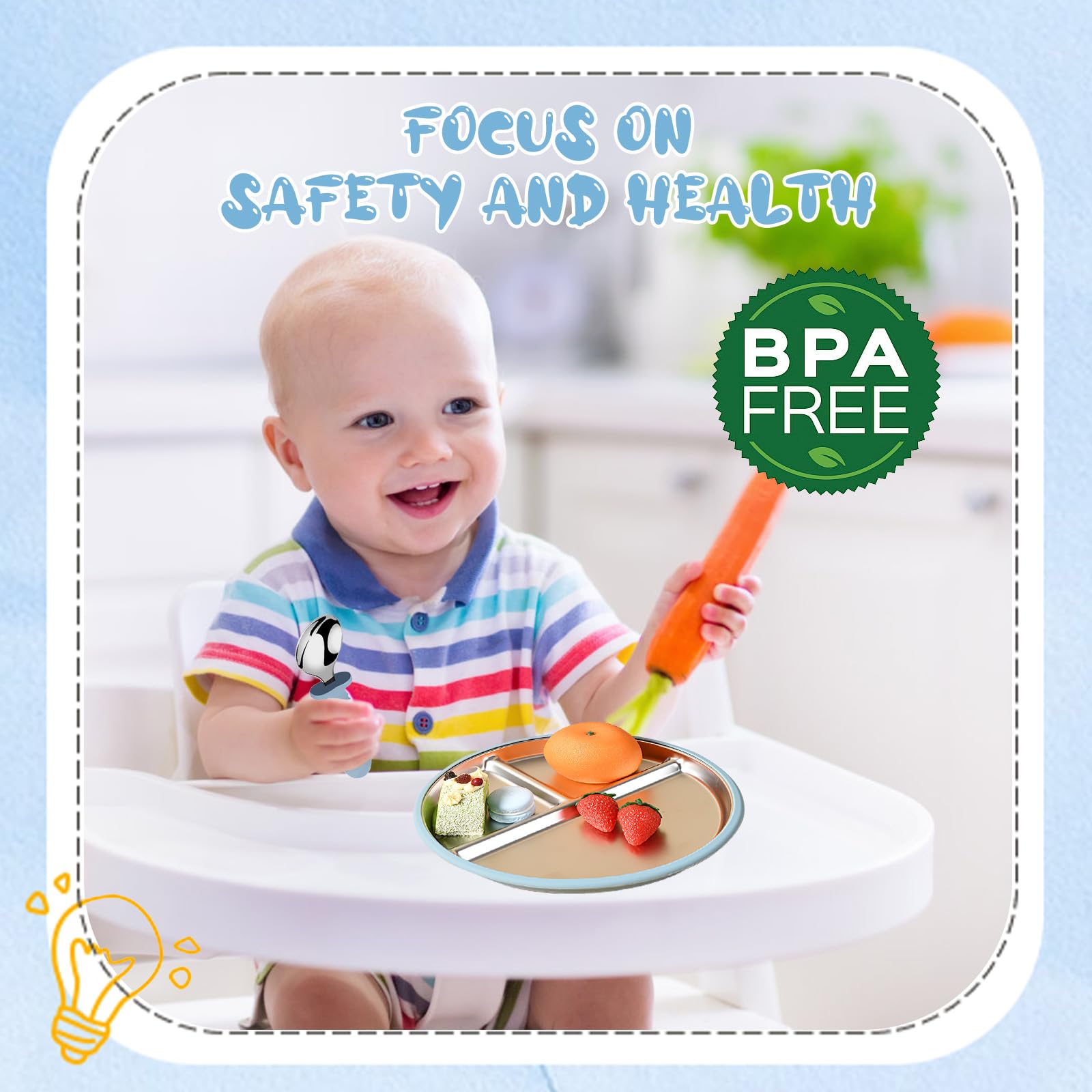 Set d'Assiettes Compartimentées pour Bébé – Assiettes en Acier Inoxydable avec Ventouse en Silicone, Couverts Bébé, Vaisselle Enfant pour Repas Sans Débordement, Sans BPA – Inclut Cuillère & Fourchett