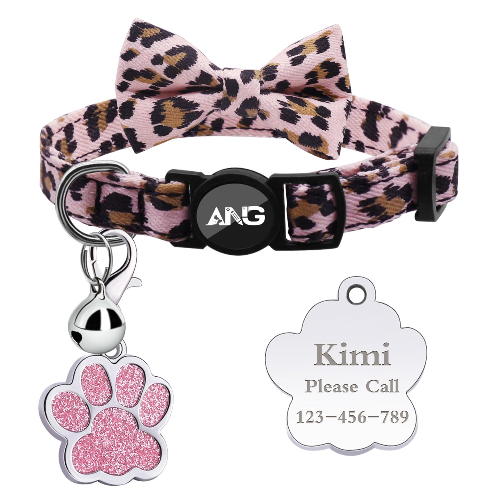 Personalized Breakaway Cat Collars with ID Tag Bell Bowtie,Safety Quick Release Customized Kitty Collars for Girls Boys Cats-Leopard Pattern-Pink
