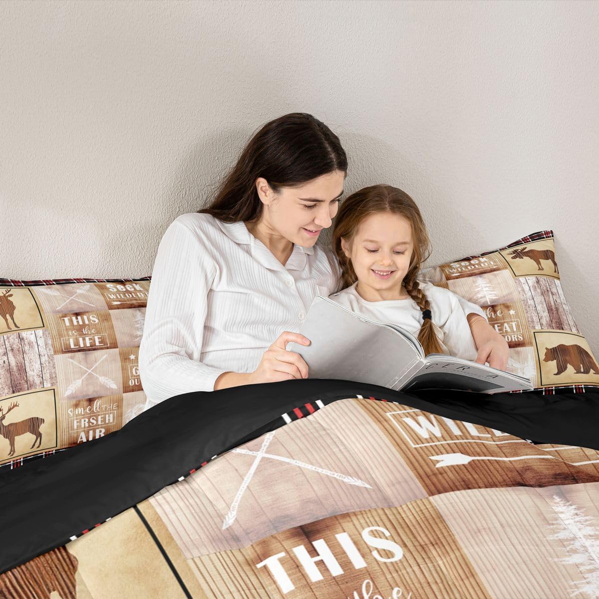 Erosebridal Patchwork Plaid Bear Down Comforter Rustic Deer Moose Elk Bedding Set Twin Farmhouse Barn Door Comforter Set Country Hunting Wildlife Woodland Animal Bed Duvet Set Cabin Lodge Decor