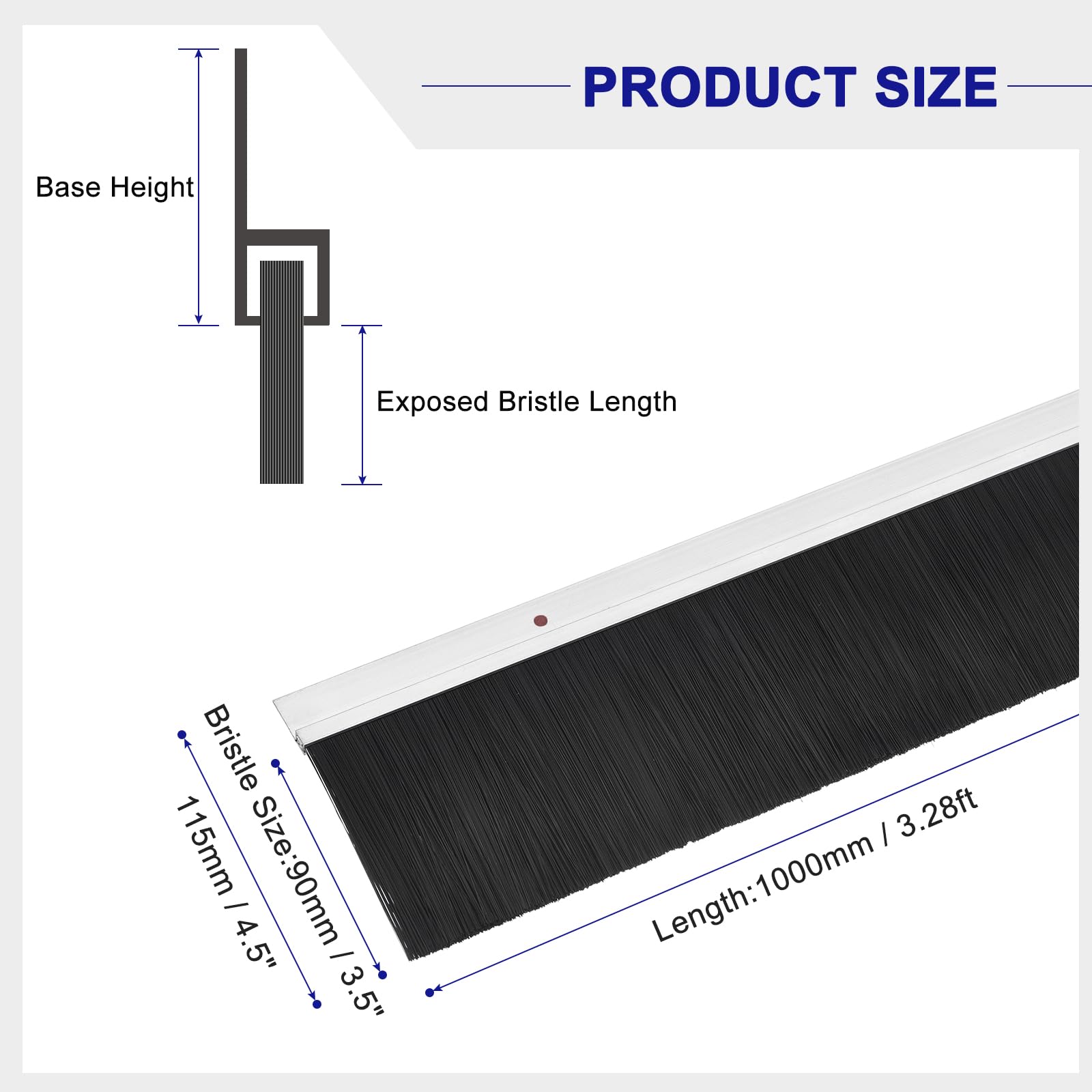 sourcing map 2Pcs Cepillo de Puerta con Base de Aleación de Aluminio en Forma de H y Cerdas de Nylon de 90mm para Hogar, Industrial (1000mm L x 115mm W, Plata)