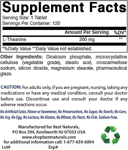 Best Naturals L-teanina 200mg y glicinato de magnesio 425 mg