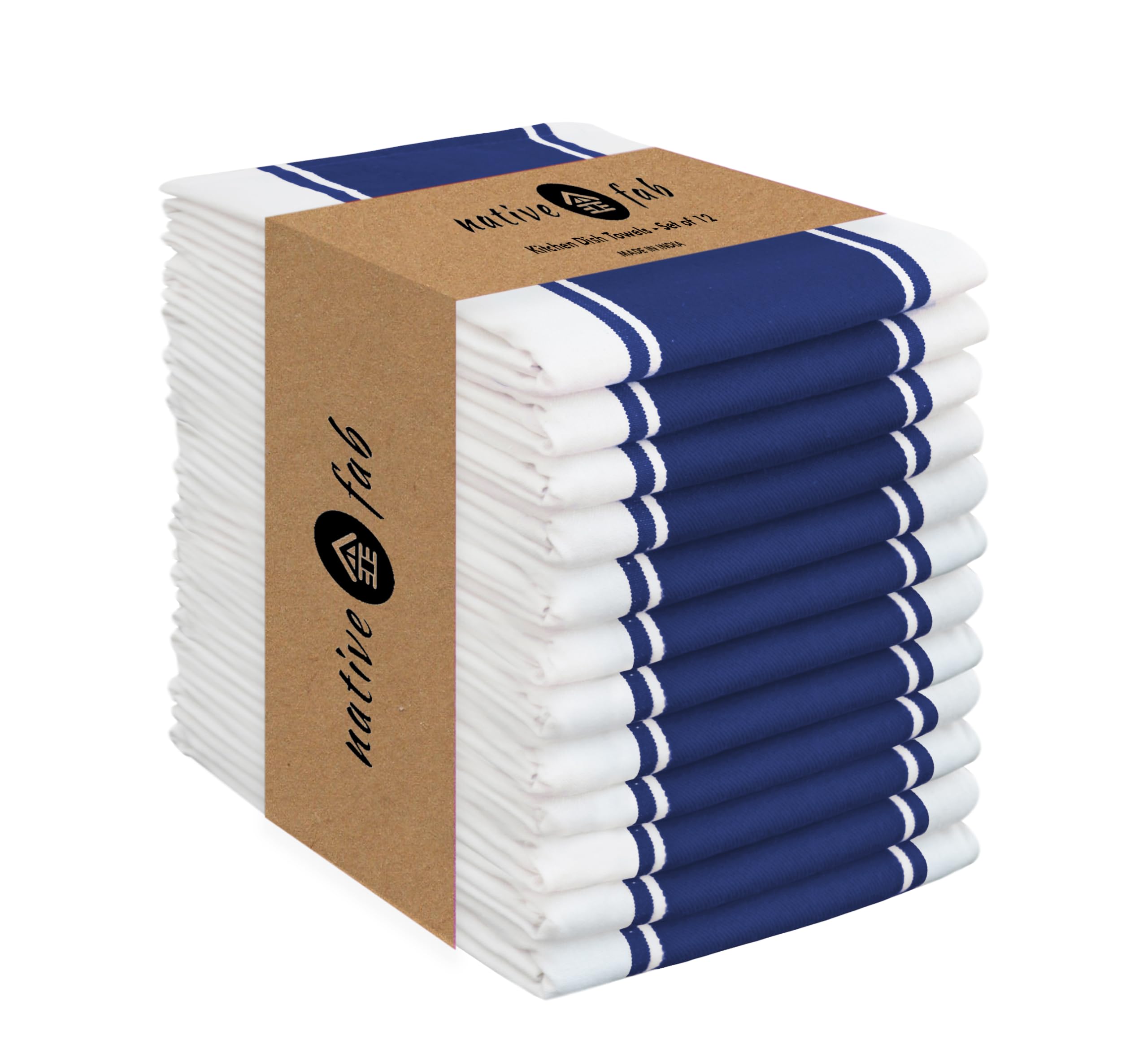 Native Fab Blue Kitchen Towels 18x28 Inch, Set of 12, Wide Stripe, Super Absorbent, Quick Dry, Soft, 100% Cotton Dish Towels for Wiping Hands, Drying Dishes, Cleaning Dishcloths Set - Ink Blue
