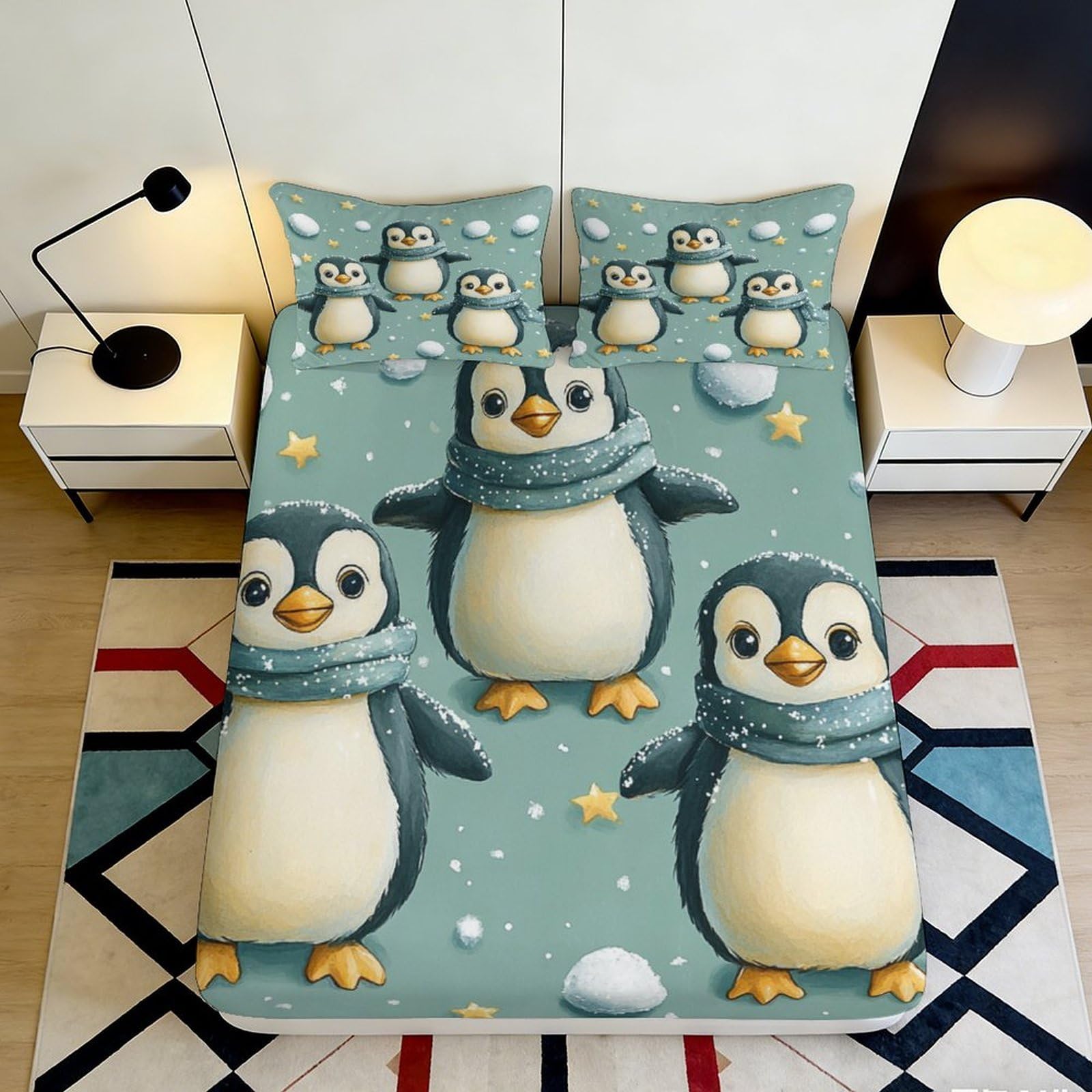 3D Printed Penguin Pattern Fitted Sheet Microfiber Soft Breathable Winter Motif Bed Cover for Bedroom Dormitory Guest Room Mattress Protection 180x200x25cm
