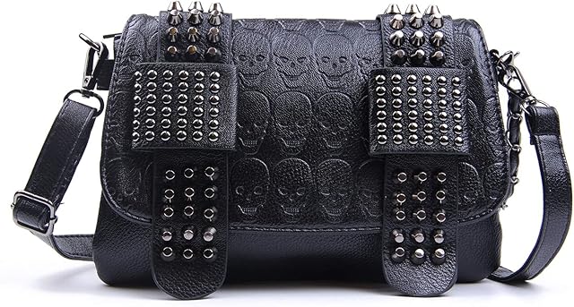EVEOUT Gothic Skull Rivet Studded Crossbody Bag for Women Ladies PU Leather Messenger Shoulder Bag Wristband Bag Wallet Purse