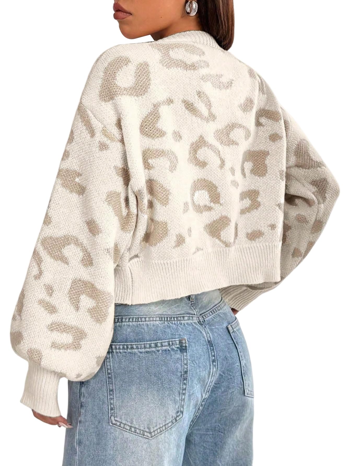 GORGLITTER Chaqueta de punto para mujer, corta, elegante, leopardo, parte superior, de punto, chaqueta de punto, manga larga, abrigo de punto de invierno, jersey de punto con cuello en V, chaleco de