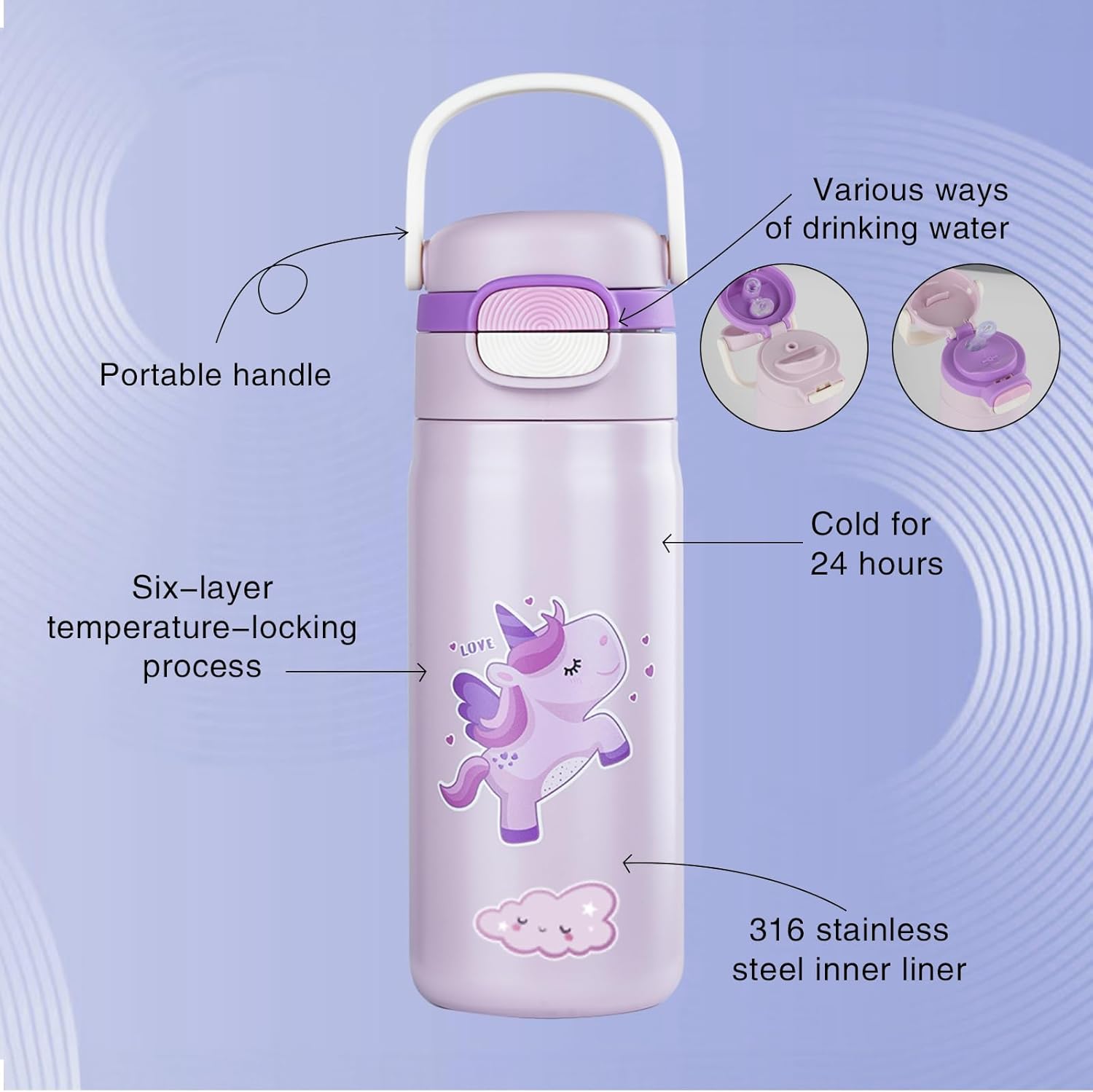 Water Bottle for Kids，Insulated Bottle with Straw, Vacuum Insulated Water Bottle for Boys&Girls, Leak-proof Insulated Tumbler（Purple, Unicorn） - Image 3