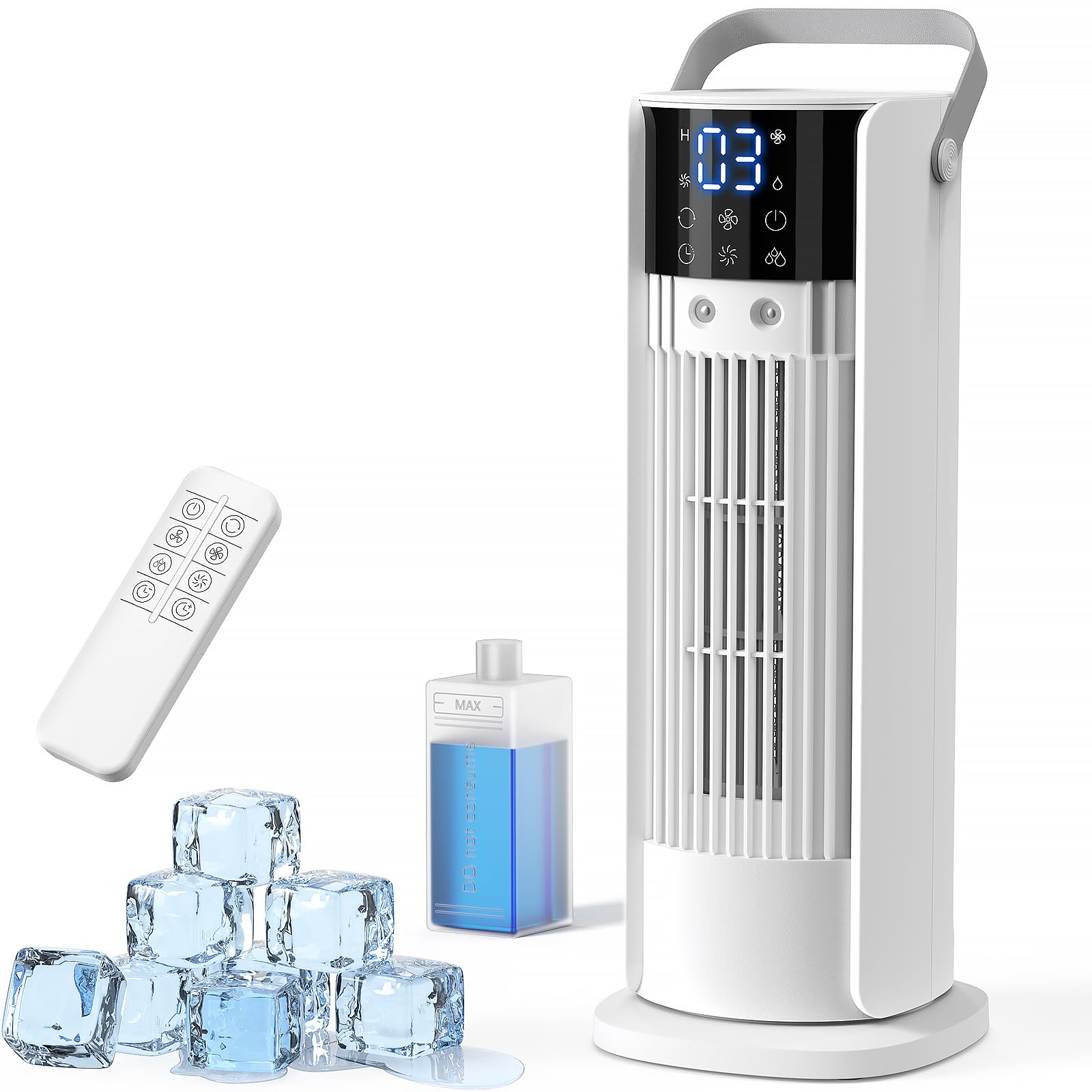 Aire Acondicionado Portátil Sin Tubo Exterior, 4 en 1 Ventilador Refrigeración, 3 Niveles de Velocidad, Función de Nebulización, Oscilación de 90°, Pantalla LED, con Mando a Distancia (Blanco)