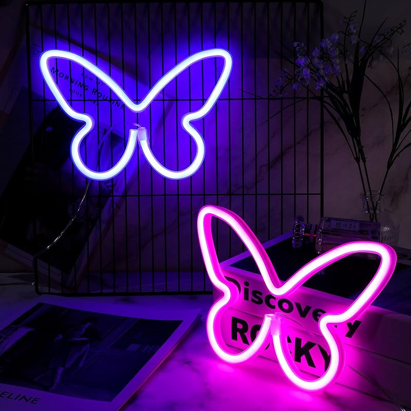 Riakrum 2 Pcs Butterfly Neon Signs LED Lights Decor, Pink, Blue