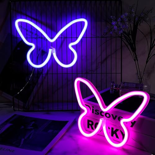 Riakrum 2 Pcs Butterfly Neon Signs LED Light 3AA Battery Powered USB Operated Wall Neon Light Decor Butterfly Wall Art for Christmas Home Bedroom Birthday Party Decor(Pink, Blue) - Pink, Blue