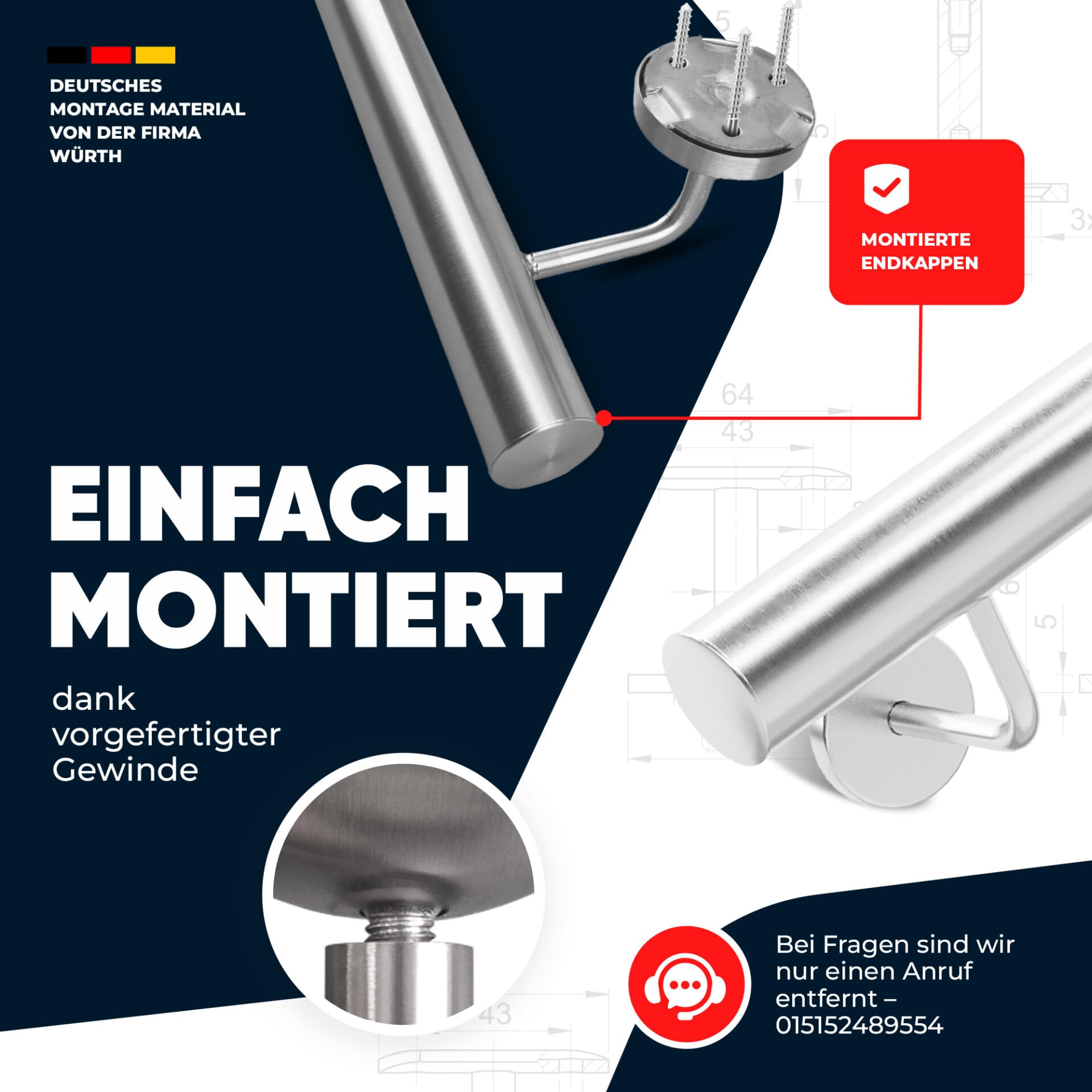 Handlauf Edelstahl Ø 33,7 mm, Markenhandläufe, für Außen- & Innenbereich, Wandhandlauf Brüstung Geländer, 4 verschiedene Varianten