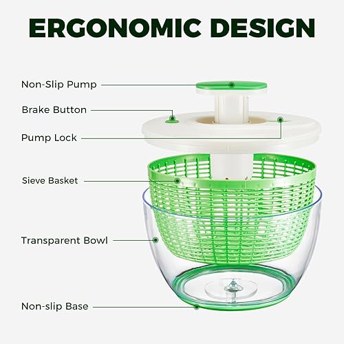 Miniatura 6 de Spinner de ensalada grande de 6.3 cuartos de galón, giratorio manual de lechuga para preparación de verduras, secadora de frutas con una sola mano