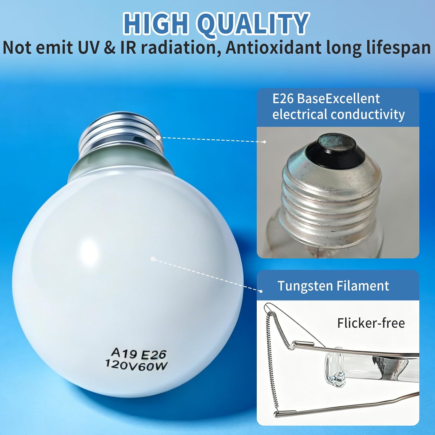 60W Incandescent Light Bulbs A19 Dimmable Frosted Rough Flicker-Free | E26 400LM 2700K Soft Warm White Clear Vintage Filament Bulb, , for Home Kitchen Bedroom Lighting Decor 4 Pack