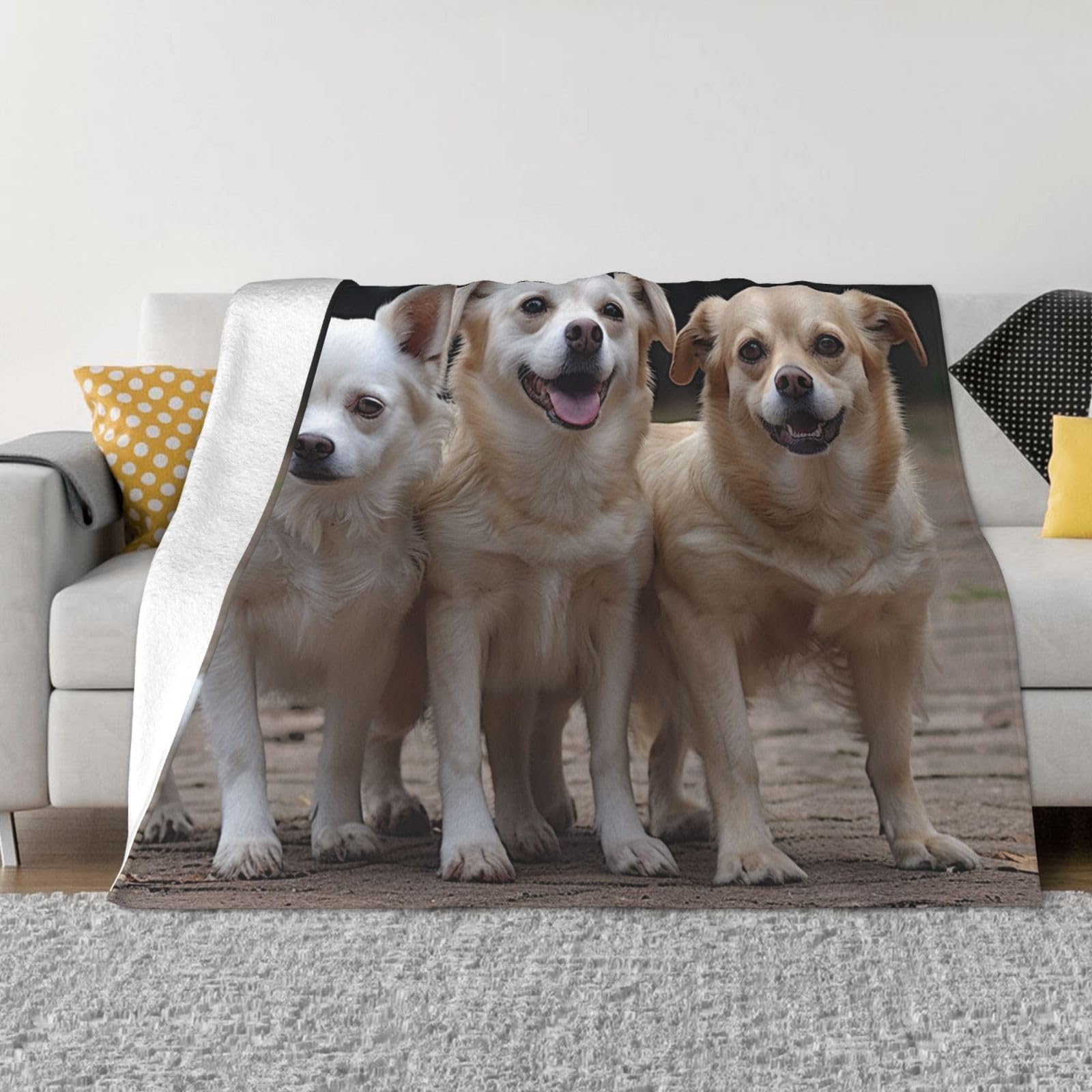 Couverture polaire lit jeté de canapé peluche douce motif 3 chiens