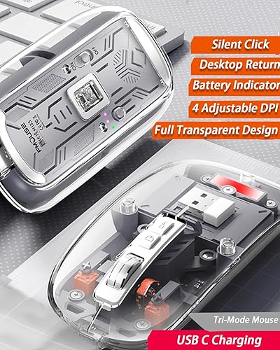 Miniatura 2 de Uiosmuph Ratón inalámbrico Bluetooth Tri-Mode (Dual BT5.1+2.4GHz) USB C recargable para computadora, mouse silencioso totalmente transparente con