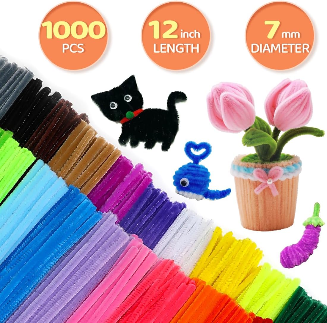 GAGANIU 1000pcs Pipe Cleaners, Pipe Cleaners for Crafts, Craft Supplies Multicolor Chenille Stems for Art&Craft Christmas DIY Projects(12inch*6mm,20colors)